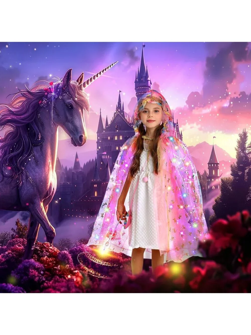 Pink Unicorn Princess Dress Up Set Light Up Cape Costume Girls Ages 3-8